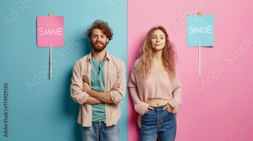 
Single people concept image with unmarried man and single woman and sign with written word Single: