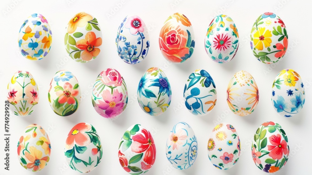 Collection of colourful hand painted decorated easter eggs on white background cutout file. Pattern and floral set. Many different design. Mockup template for artwork design