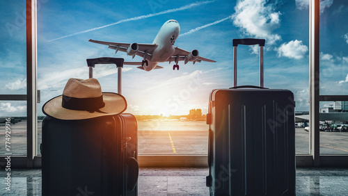 A traveler's luggage is leaning against a window at the airport. The window provides an excellent view of an airplane which is just taking off into a vibrant sunrise. This picturesque scene repre...