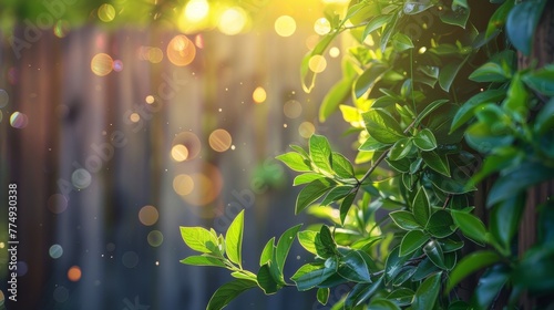A close up of a green plant with sun shining on it, AI