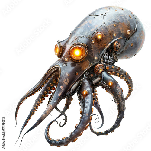 A mysterious steampunk squid with glowing steam-powered eyes and metallic tentacles, floating against a serene white backdrop