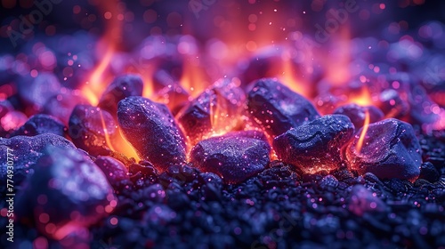 Purple color flame coming out from mini coals or rocks a beautiful vibrant backdrop with space, Generative AI.