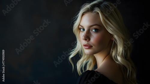 Stylish Blonde Woman in Smart Pose on Black Background
