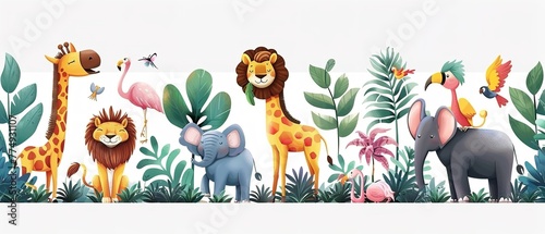 Set of precisely rendered wild animals and tropical trees  drawn over a white setting  idyllic for nature-themed themes and space  Generative AI.