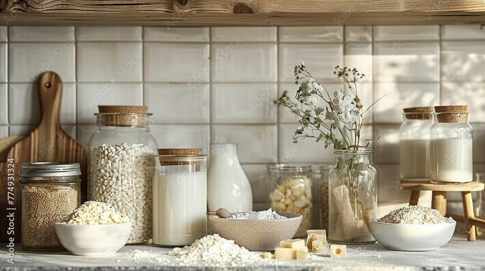 Dairy alternatives laid out in a modern kitchen, captured in morning light, highlighting lactose-free options for GERD sufferers Dairy alternatives laid out in a modern kitchen, captured in morning light, highlighting lactose-free options for GERD sufferers