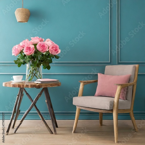 minimal living room with wooden table, armchair and bouquet of pink roses