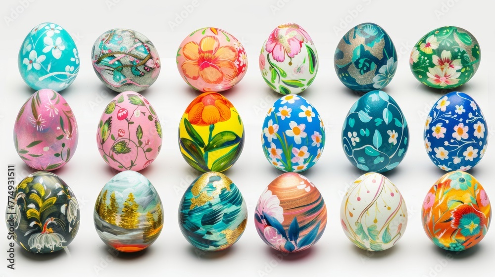 Collection of colourful hand painted decorated easter eggs on white background cutout file. Pattern and floral set. Many different design. Mockup template for artwork design