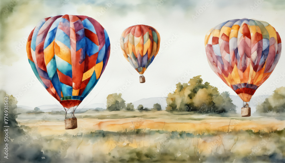 Obraz premium Hot Air Balloons over Golden Fields Watercolor Artwork