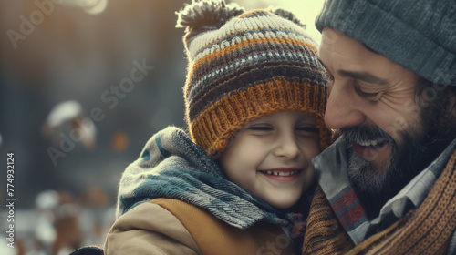 Homem abraçando seu filho ao ar livre - perfil felizes
