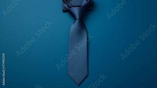 layflat overhead view, solid navy background, mens tie. copy space. 