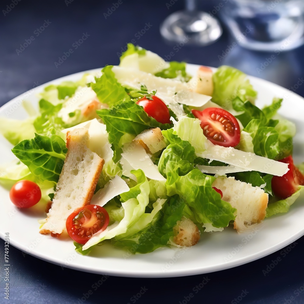 Caesar salad on a white plate. minimalistic dish presentation Caesar salad on a white plate. minimalistic dish presentation