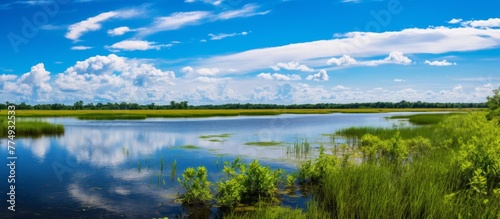 Tranquil lake surrounded by nature with a few fluffy clouds scattered across the sky