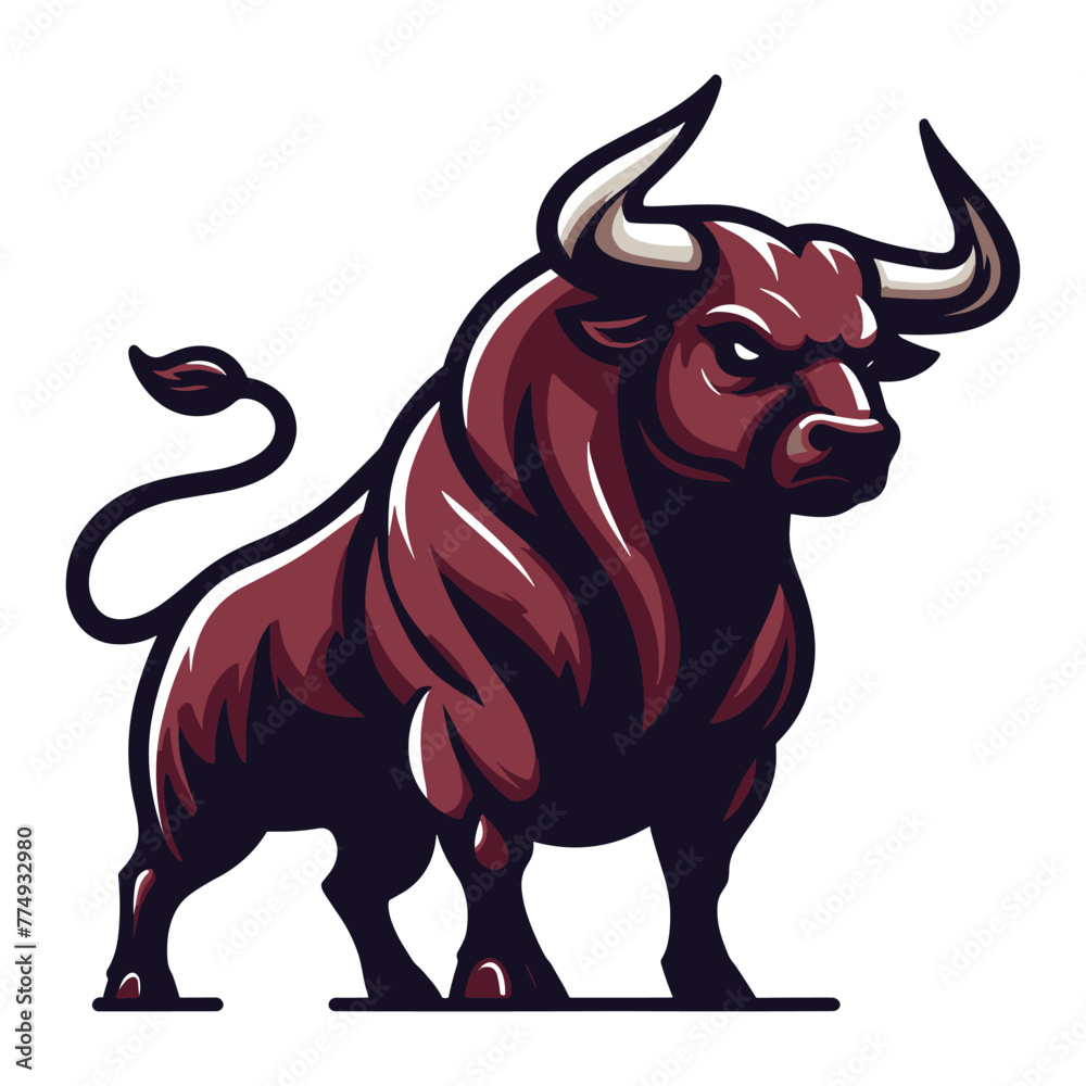 Strong bull full body vector mascot illustration, angry horned bull concept, farm animal or butcher shop graphic template, design isolated on white background