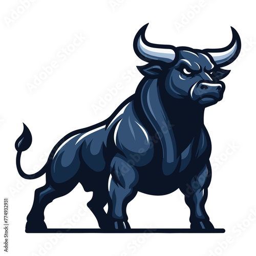 Strong bull full body vector mascot illustration, angry horned bull concept, farm animal or butcher shop graphic template, design isolated on white background