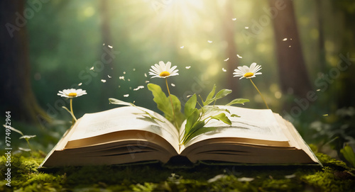 Old book lying on green grass with blurred forest trees in background. Open book with flowers and plant seedling