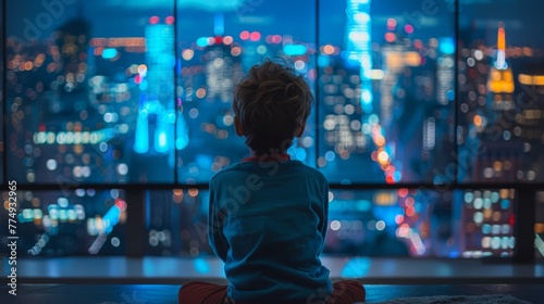 A young boy sitting on the floor looking at a cityscape, AI
