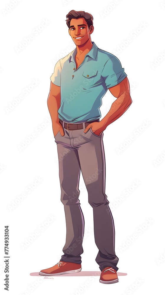 Fototapeta premium colorful illustration of A handsome Brazilian man, standing, wearing a blue polo shirt, with hand in the pocket