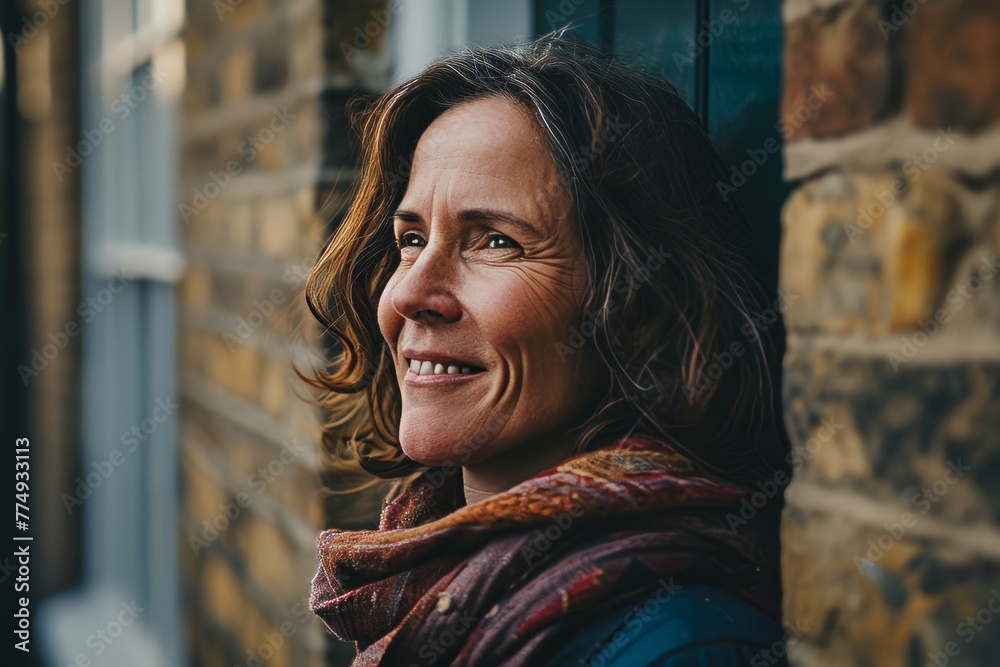 Portrait of a middle-aged woman on the background of an old brick wall.