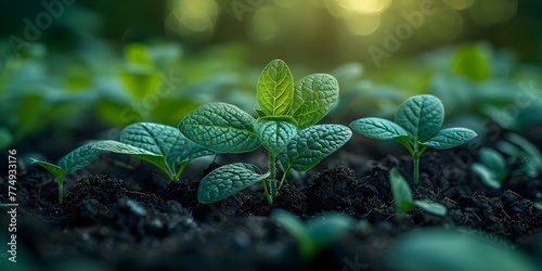 Symbolizing Growth: Thriving Green Plants in Fertile Soil in Reforestation Efforts. Concept Reforestation, Green Plants, Fertile Soil, Growth Symbolism, Thriving Ecosystems