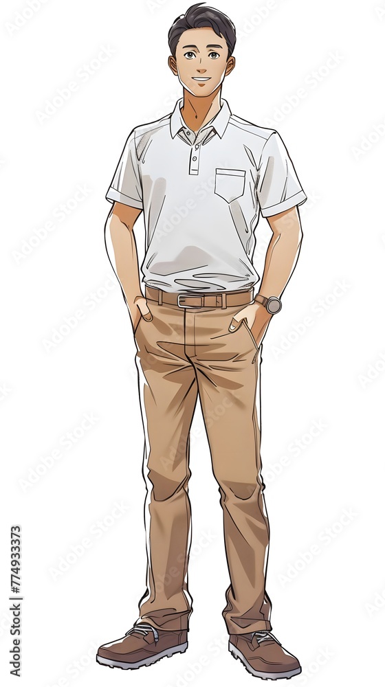 Fototapeta premium colorful illustration of A handsome japanese man, standing, wearing a white polo shirt, with hand in the pocket