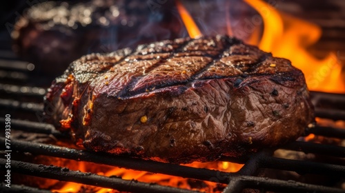 Grilled steak on a barbecue cooked to perfection over coal