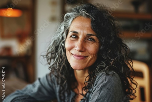Portrait of smiling middle aged woman with curly hair at home.