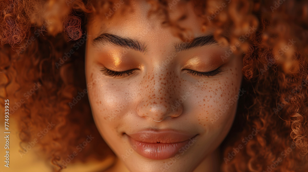 Close-up portrait of a young woman with curly hair and freckles, eyes closed, serene expression.