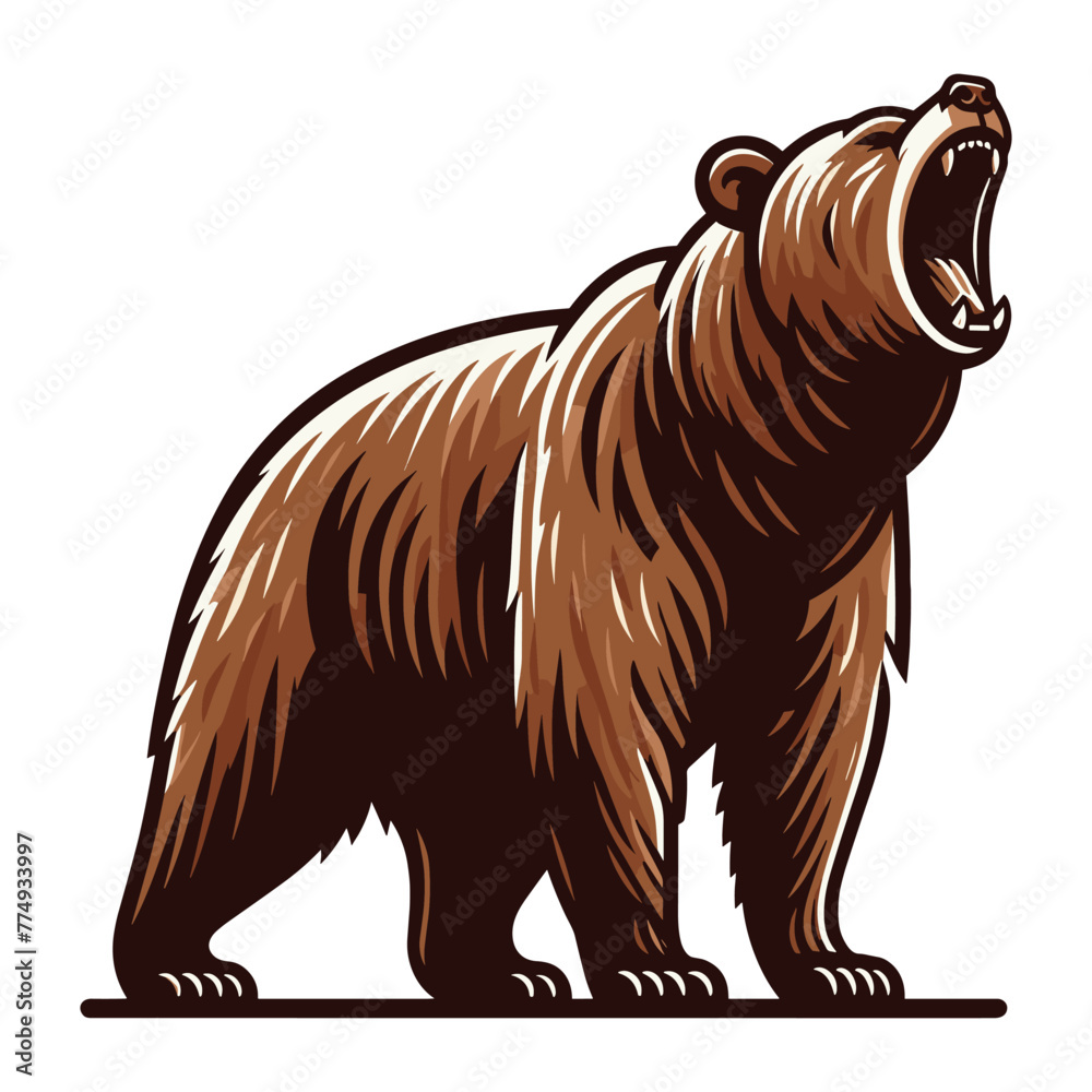 Obraz premium Roaring grizzly bear full body vector illustration, wild beast brown bear, animal predator zoology element illustration, design template isolated on white background