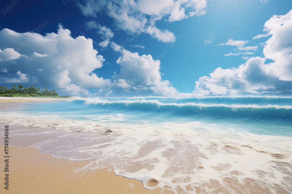 Fototapeta premium Tropical Sandy Beach Paradise, ocean surf, blue sky with clouds background