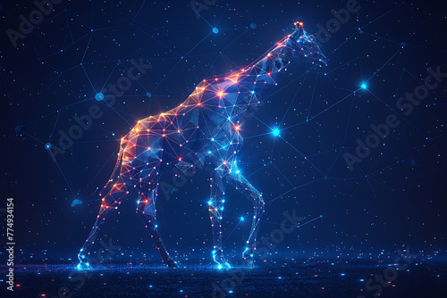 Captivating digital wireframe polygon illustration showcasing a majestic giraffe with intricate line and dots technology, perfect for modern design projects © Evhen Pylypchuk