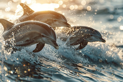 Sunlit dolphins leaping in crystal clear waters, photorealistic ocean scene with detailed textures