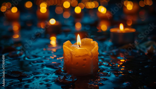 Illuminated candle with a warm glow amidst dark, wet surroundings, creating a tranquil and reflective atmosphere, concept for the Commemoration in Memory of (VICTIMS)