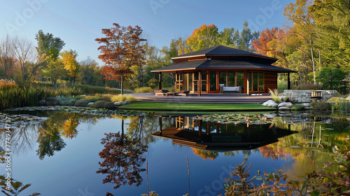 A tranquil pond reflecting the beauty of the circular wooden retreat  a serene vista.