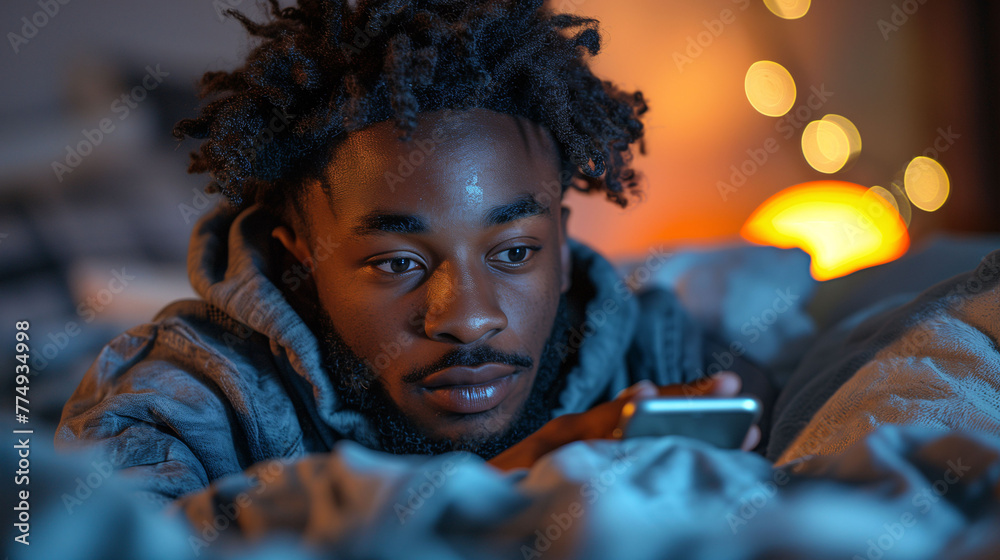 Young man using smartphone at night, cozy atmosphere with warm lights.