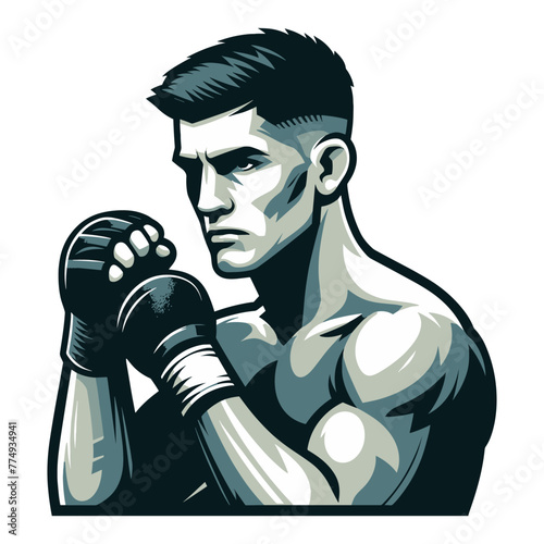 Man mixed martial arts athlete half body design illustration, MMA sport fighter, octagon combat, kicking strike, punching with fist. vector template isolated on white background