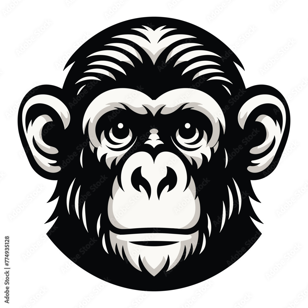 Monkey ape chimpanzee head face design illustration, monkey logo mascot illustration concept, wild animal primate, vector template isolated on white background