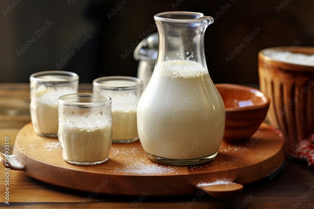 A jug of milk and glasses on a wooden tray A jug of milk and glasses on a wooden tray