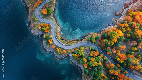 Aerial View Island Curve Road near Blue Sea