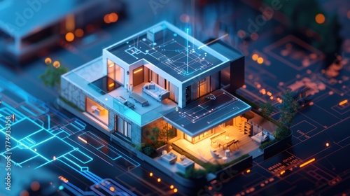 Create a detailed isometric model of a smart home 