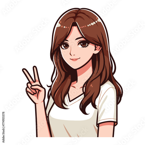 Woman showing peace sign vector illustration, happy female gesturing peace victory sign with hand, gladness, joyfulness, positive emotion design template isolated on white background