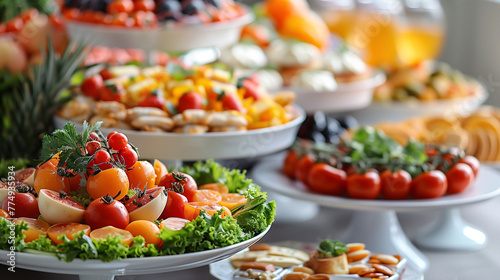 Assorted fresh fruit platters and appetizers on a buffet table, ideal for catering and events.