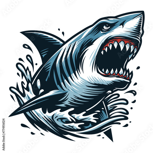 Angry wild great white shark with splash of water design illustration, marine predator animal element, toothy shark vector template isolated on white background