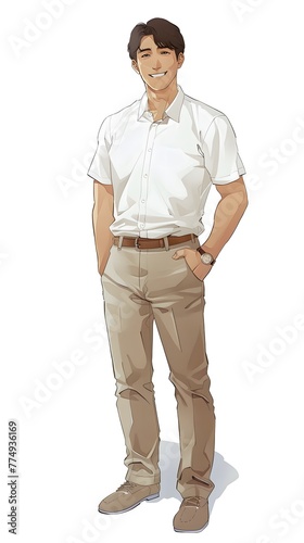 colorful illustration of A handsome Japanese man, standing, wearing a white polo shirt, with hand in the pocket © Lin_Studio