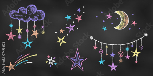 Textural Chalk Drawn Sketch. Set of Colorful Design Elements Night Sky Decorations Isolated on Black Blackboard.