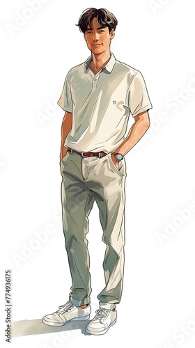 colorful illustration of A handsome Japanese man, standing, wearing a white polo shirt, with hand in the pocket © Lin_Studio