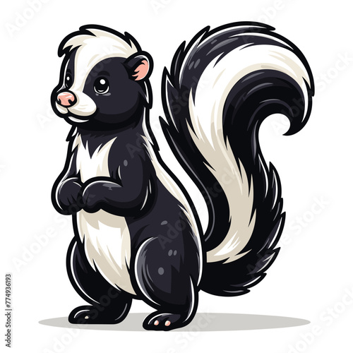 Skunk full body design illustration, wild mammal skunk with a large fluffy tail and black white stripe along the body, fauna animal concept. Vector template isolated on white background