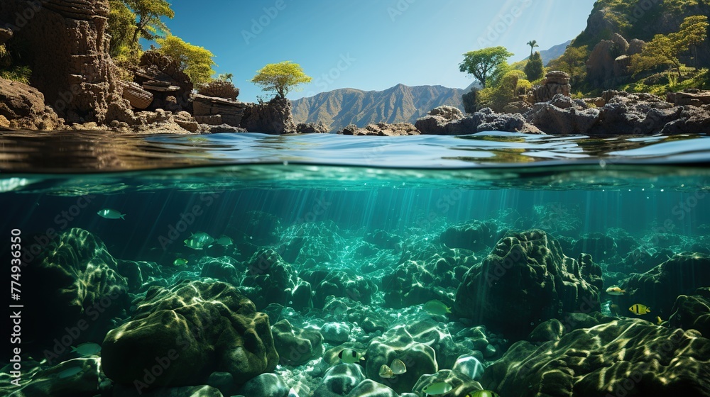 Underwater view of exotic island with palm trees and coral reef.
