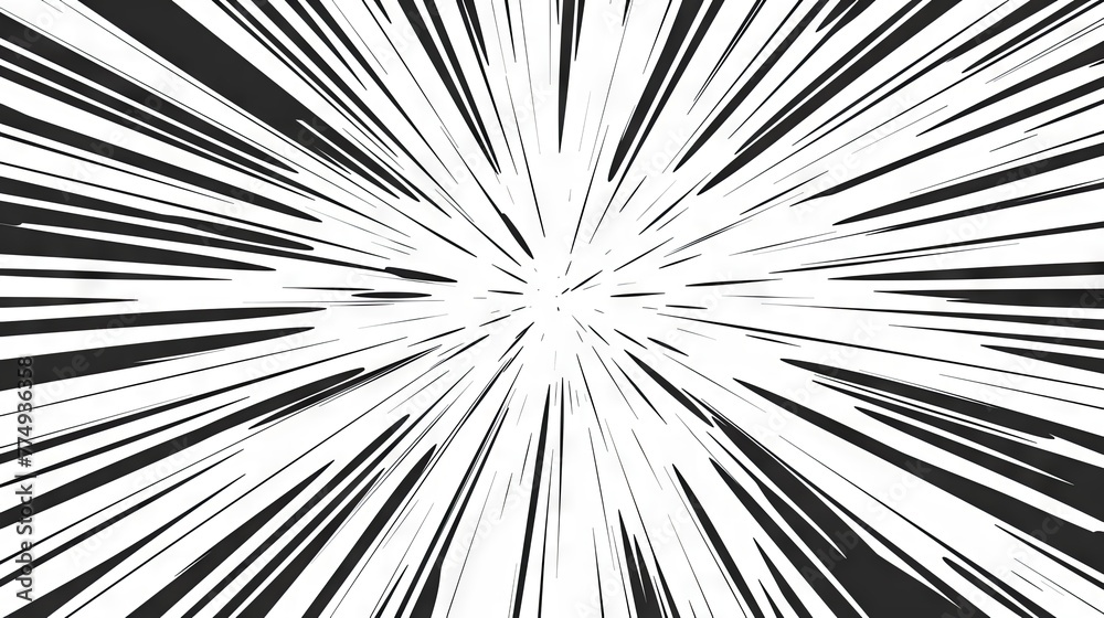 Obraz premium Comic book black radial lines overlay on white background. Royalty high-quality image of action lines. Motion or movement effect. Manga anime cartoon radial speed and abstract. Backgrounds, wallpapers