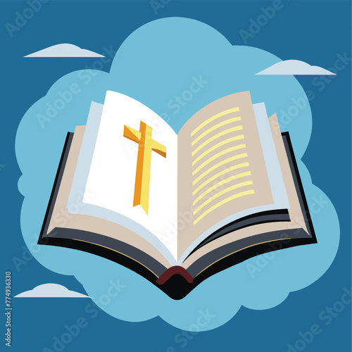 Bible. Open Bible the holy book of Christians. Clipart about religion, attributes of Christianity. Vector flat illustration, cartoon style.