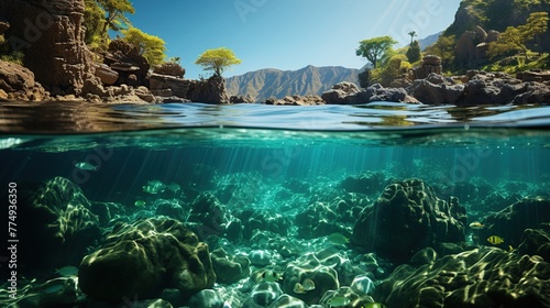 Underwater view of exotic island with palm trees and coral reef.